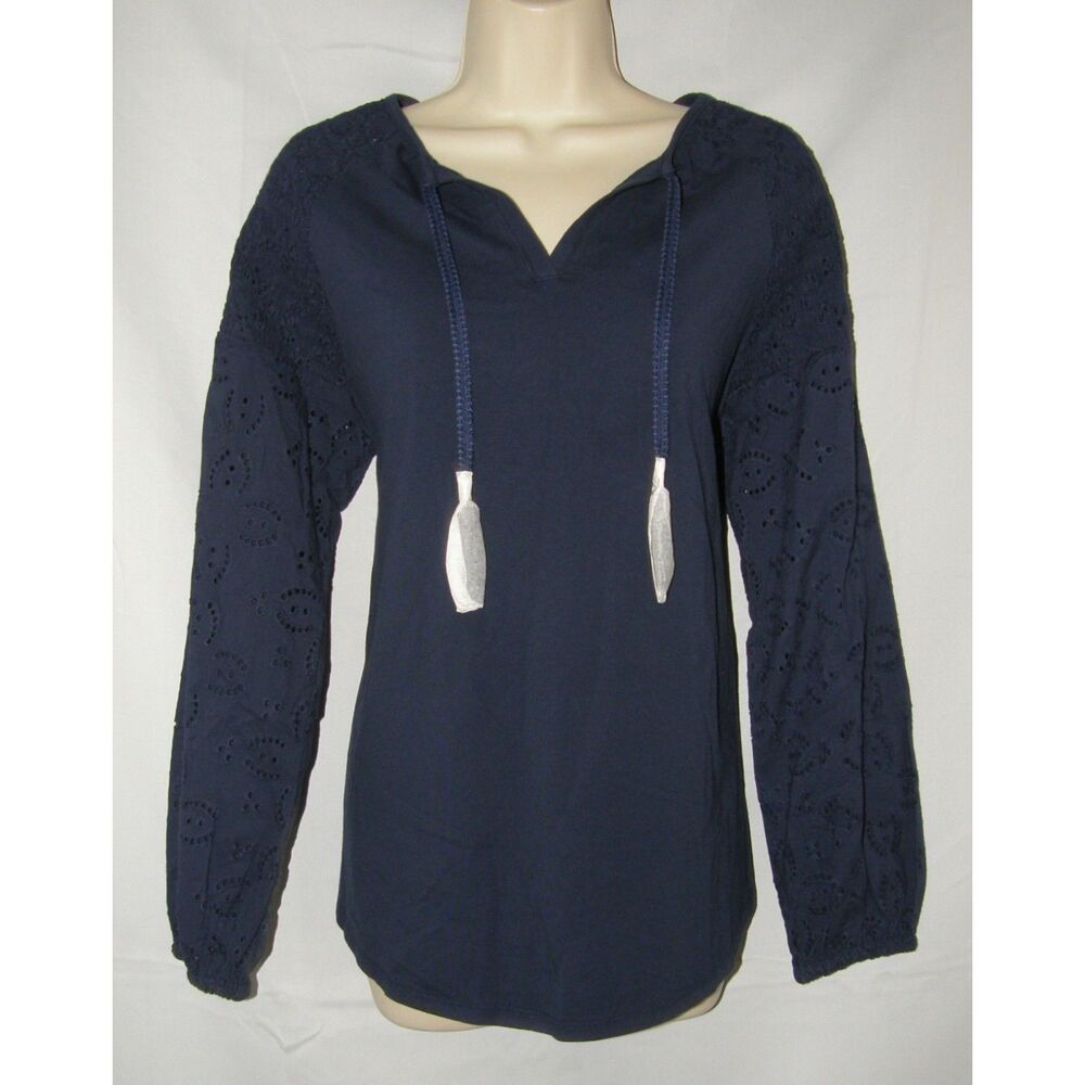 NEW Navy Blue Sz Medium Smocked Eyelet Sleeves Tassels Shirt BELLE KIM GRAVEL